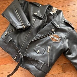 🏍️ Vintage Harley-Davidson Kids Black Faux Leather Biker Jacket, 8/10 *FLAWS*